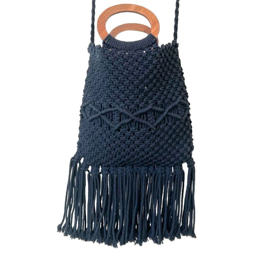 Danielle Nicole Macrame Handbag Black Fringe